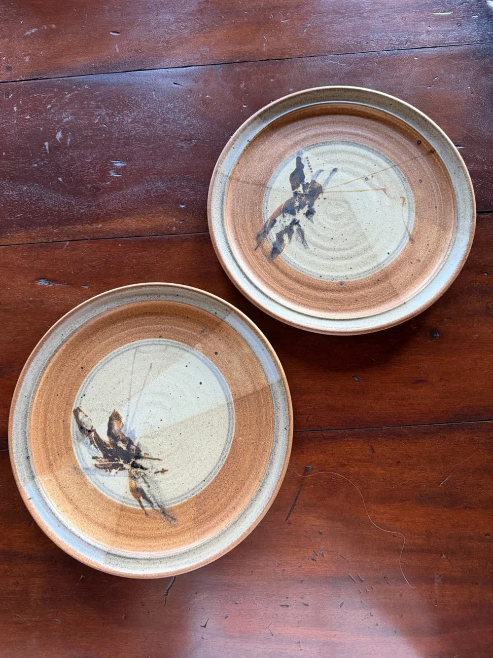 Dinner Plates Shino Stoneware Handmade Studio Pottery Set of 2 Vintage